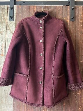 L.L. Bean Burgundy Teddy-Trim Button Front Coat